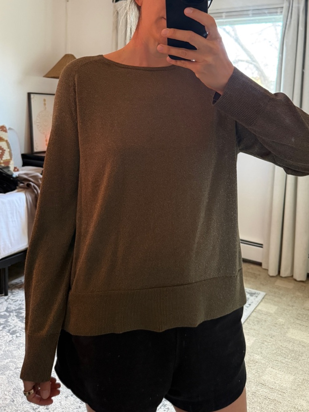 Women’s Sparkle Olive Green Lightweight Crewneck Sweater